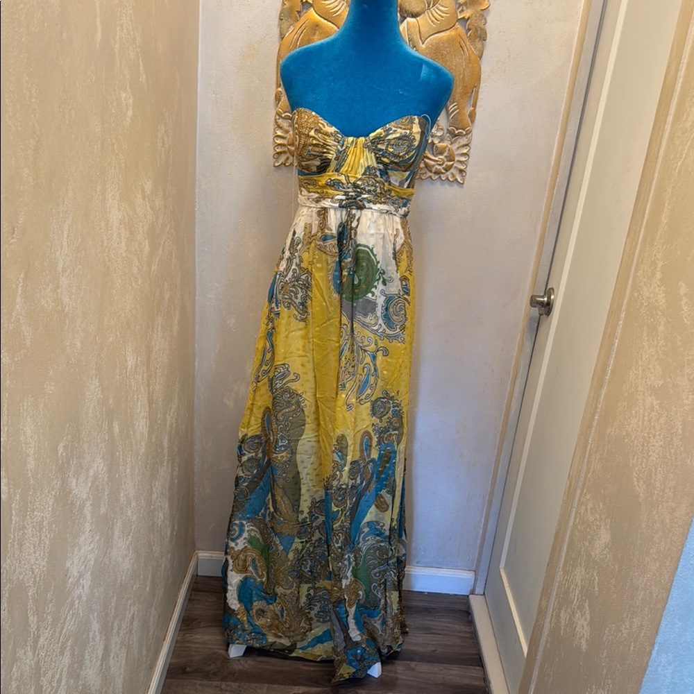 Elegant Yellow and Blue Paisley Maxi Dress